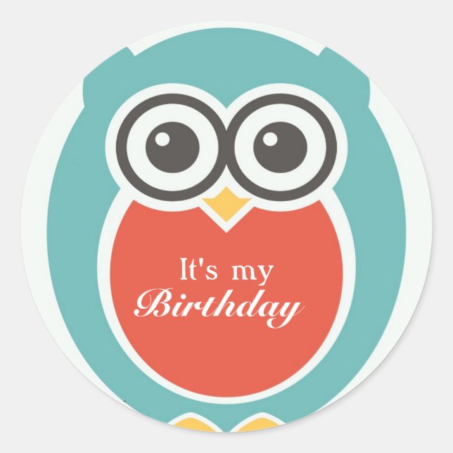 Happy Birthday Stickers Cute Baby Owl Cartoon (Front)