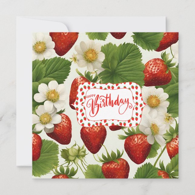 Happy Birthday Strawberries, Leaves and Flowers  (Front)