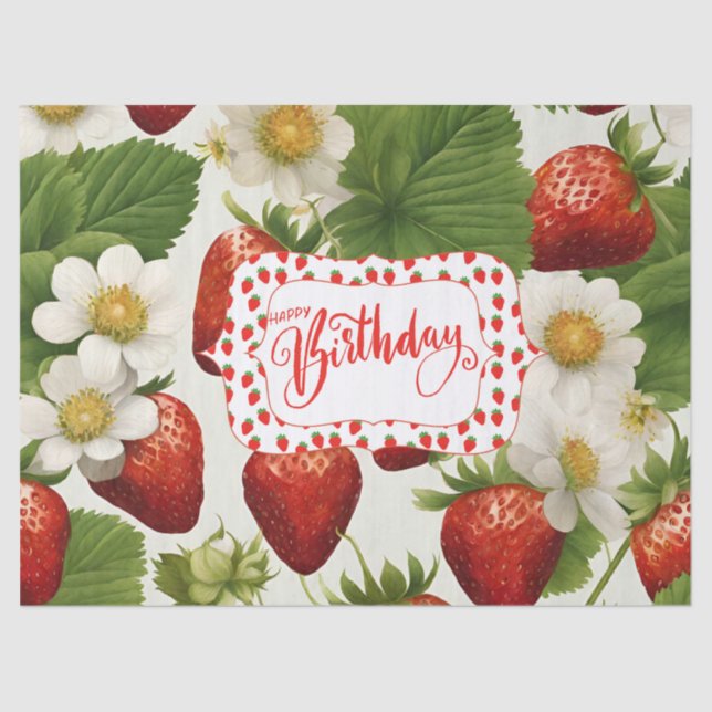Happy Birthday Strawberries, Leaves and Flowers  Tissue Paper (Front)