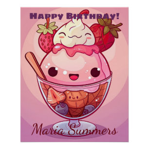 Happy Birthday Strawberry Ice-cream Kawaii Poster