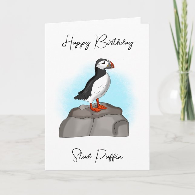 Happy Birthday Stud Puffin | Funny Pun Card (Front)