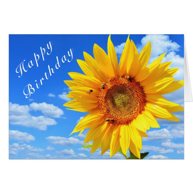 Happy Birthday - Sunflower and Bees on Blue Sky (Front Horizontal)