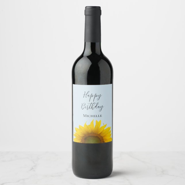 Happy Birthday Sunflower Elegant Wine Label (Front)