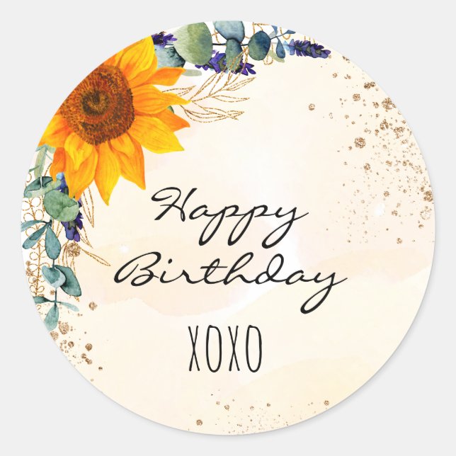 Happy Birthday sunflower eucalyptus glitter dust  Classic Round Sticker (Front)