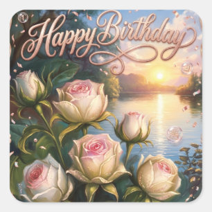 Happy Birthday Sunset Lake with Roses Square Sticker
