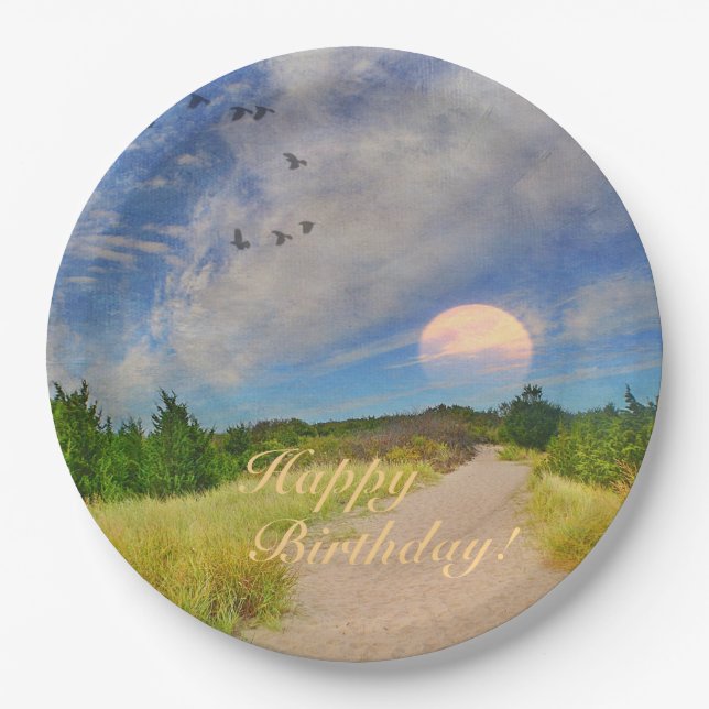 Happy Birthday Sunset Path To Beach Paper Plate (Front)