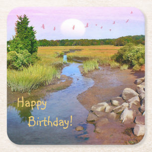 Happy Birthday Sunset Seashore Square Paper Coaster