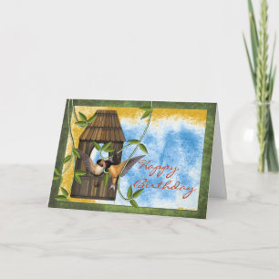 Happy Birthday swallows at bird house with vines Card