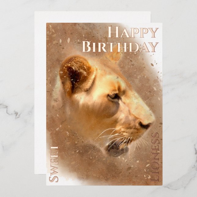 Happy Birthday Sweet Lioness Foil Holiday Card (Front/Back)