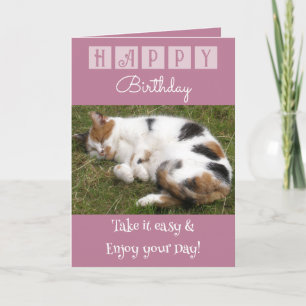 Happy Birthday take it easy cat photo pink Card