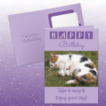 Happy Birthday take it easy cat photo purple