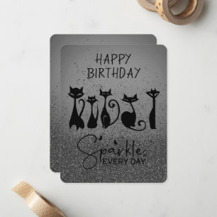 Happy Birthday Tall Cat Black Sparkles Card
