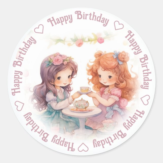 Happy Birthday Tea Party Classic Round Sticker (Front)