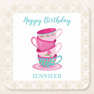 Happy birthday tea party cups cute pink blue square paper coaster