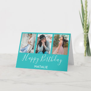 Happy Birthday Teal and White 3 Photo Collage Card