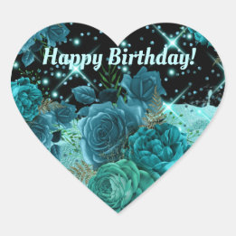 Happy Birthday | Teal Roses with Aqua Glitter | Heart Sticker