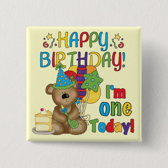 Happy Birthday Teddy Bear 1st T-shirts and Gifts 2 Inch Square Button (Front)