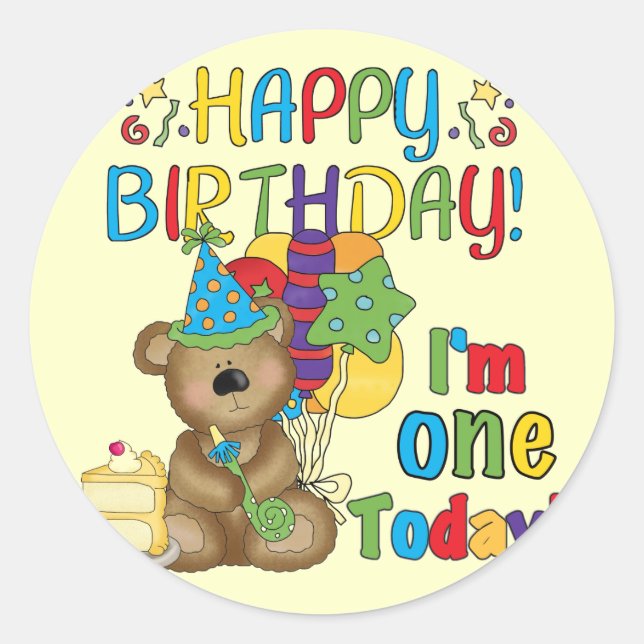 Happy Birthday Teddy Bear 1st T-shirts and Gifts Classic Round Sticker (Front)
