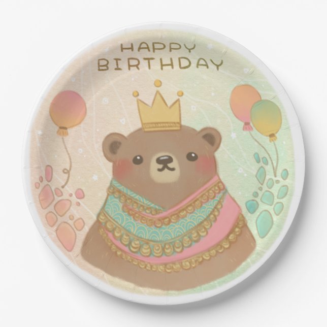 Happy Birthday Teddy Bear Illustration Paper Plate (Front)