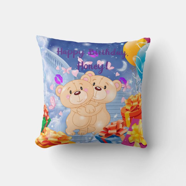 Happy Birthday Teddy Bear Throw Pillow (Front)