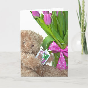 Happy Birthday Teddy Bear with tulips Card