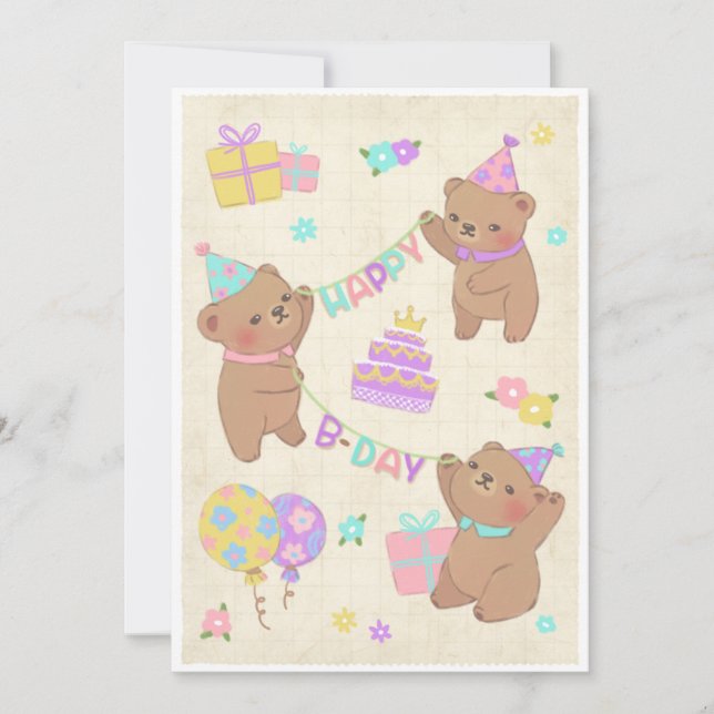 Happy Birthday Teddy Bears Illustration Save The Date (Front)