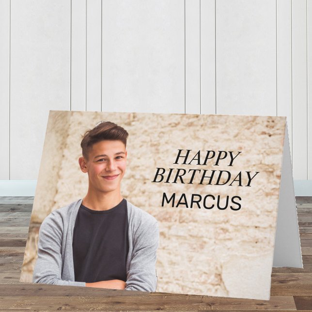 Happy Birthday Teen Boy Photo Parents Siblings   Card (Folded birthday card personalized with a photo and your own special message.)