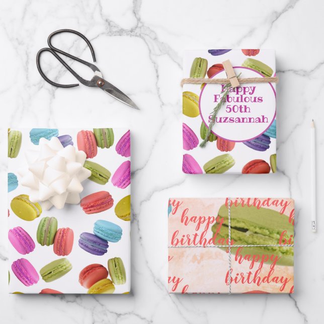 Happy Birthday Template Colourful Macaron Cookies Wrapping Paper Sheet (Front)
