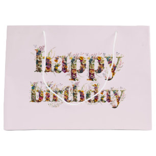 Happy Birthday text design of dried flowers Large Gift Bag