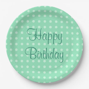 Happy Birthday Text Dots Rustic Polka Mint Green Paper Plate