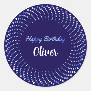 Happy birthday text with blue hearts circle classic round sticker