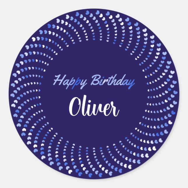 Happy birthday text with blue hearts circle classic round sticker (Front)