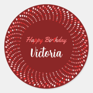 Happy birthday text with red hearts classic r classic round sticker