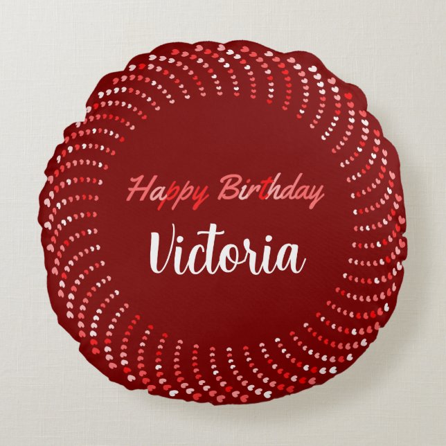 Happy birthday text with red hearts classic r round pillow (Front)