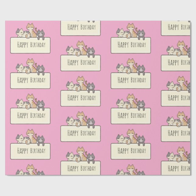 Happy Birthday Three Cute Cats Wrapping Paper (Flat)