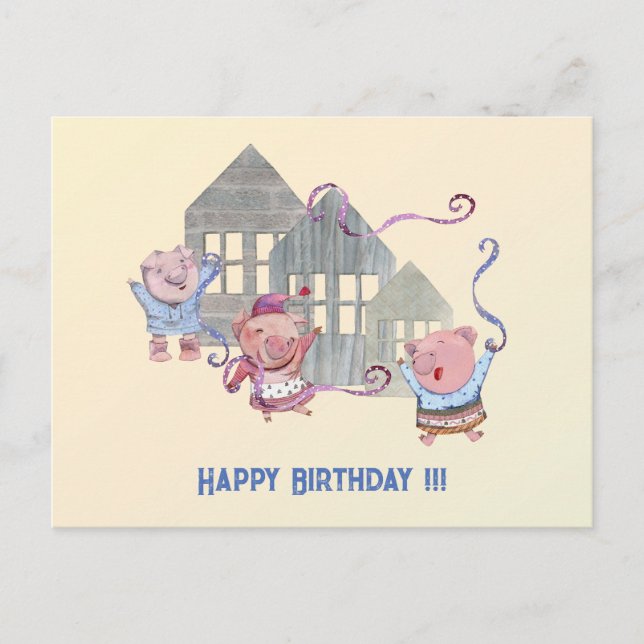 Happy Birthday Three Little Pigs Celebrating Postcard (Front)