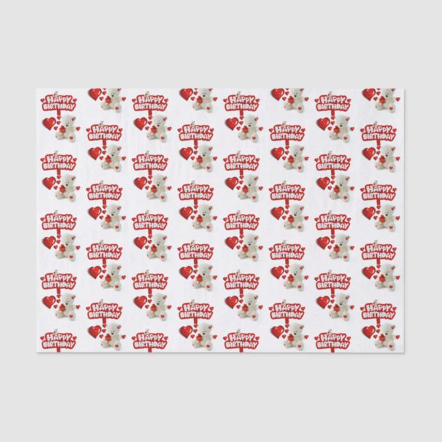 Happy Birthday Tissue Paper White Teddy Bear (Front)