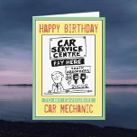 Happy Birthday to a Car Mechanic Card<br><div class="desc">Man behind the counter in an automotive workshop and car service centre has optic of strong drinks as "shock absorbers",  which suggest that bills are high. Ideal card for any Car Mechanic involved in the automobile trade.</div>