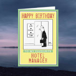 Happy Birthday to a Hotel Manager. Card<br><div class="desc">A birthday card with a cartoon of a man waiting for a lift or elevator. The buttons have Up,  Down,  and Lucky Dip as options. Ideal funny birthday card for a Hotel Manager,  or someone involved with Hotel Management.</div>
