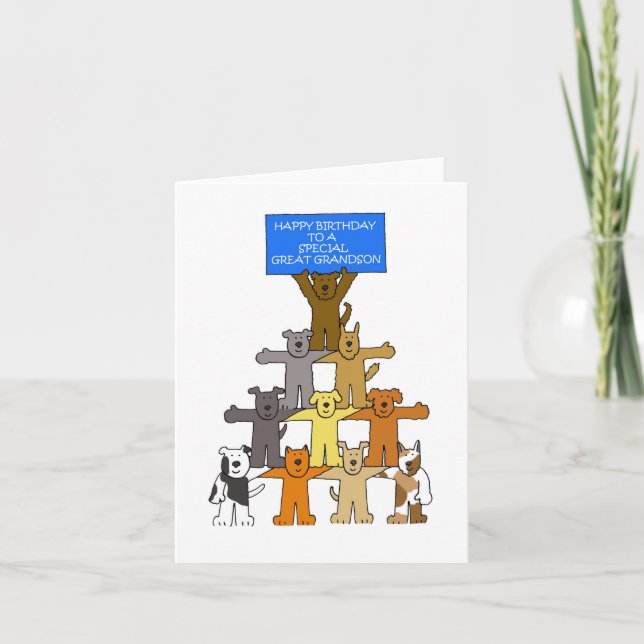 Happy Birthday to Great Grandson Cartoon Dogs Card (Front)
