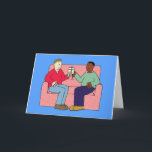 Happy Birthday to Multiracial Boyfriend Card<br><div class="desc">A cartoon of a gay male couple sitting on a sofa,  toasting each other with glasses of fizz. The image has a  bright blue background.</div>