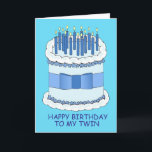 Happy Birthday to my Twin,  Cake and Candles. Card<br><div class="desc">A large cartoon blue and white cake covered in candles,  set against a turquoise coloured background. The words 'Happy Birthday to my Twin' accompany the image.</div>