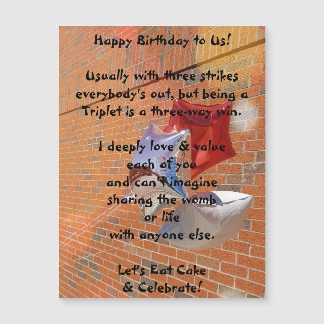 Happy Birthday to Us Triplets Magnetic Card (Front)
