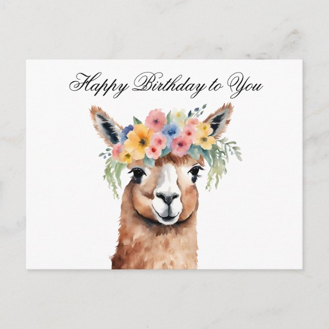 Happy Birthday to You Alpaca with Flowers  Postcard (Front)