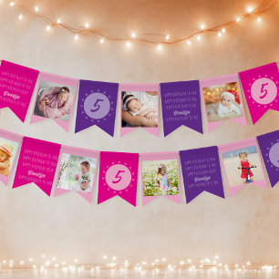 Happy Birthday to You Any Age Photo Pink Purple Bunting Flags
