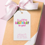 Happy Birthday to You Colourful Candle Personalize Gift Tags<br><div class="desc">Happy Birthday to you gift tags which you can personalize with your own custom text, such as your from message and names. Perfect for any child or young at heart friend or relation. The design has colourful candles lettered in cute and whimsical, groovy retro typography in pink, purple, lime green,...</div>