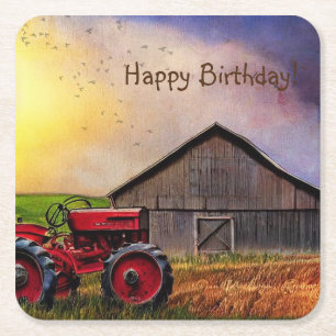 Happy Birthday Tractor and Barn Napkins Square Paper Coaster
