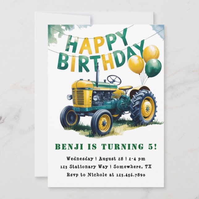 Happy Birthday Tractor Boy Birthday Bash Invitation (Front)