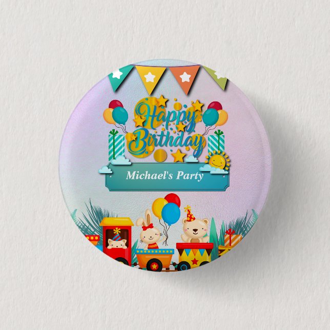 Happy Birthday Train With Cute Animals Wishes 1 Inch Round Button (Front)