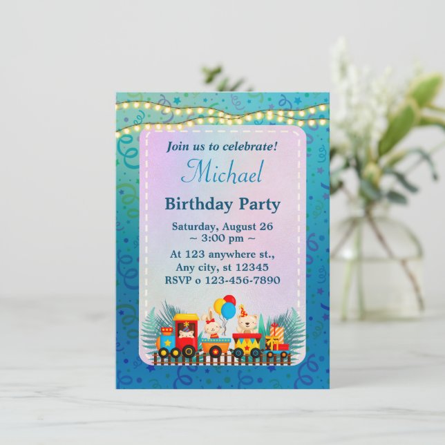 Happy Birthday Train With Cute Animals Wishes Card (Standing Front)